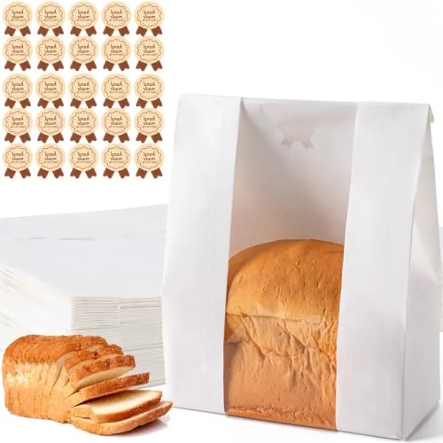 25 قطعة من أكياس الخبز الورقية أكياس خبز كبيرة من العجين المخزون لتخزين مخبز الخبز المنزلي مع نافذة Iludes 25 قطعة ختم التسمية Sti 13. #1