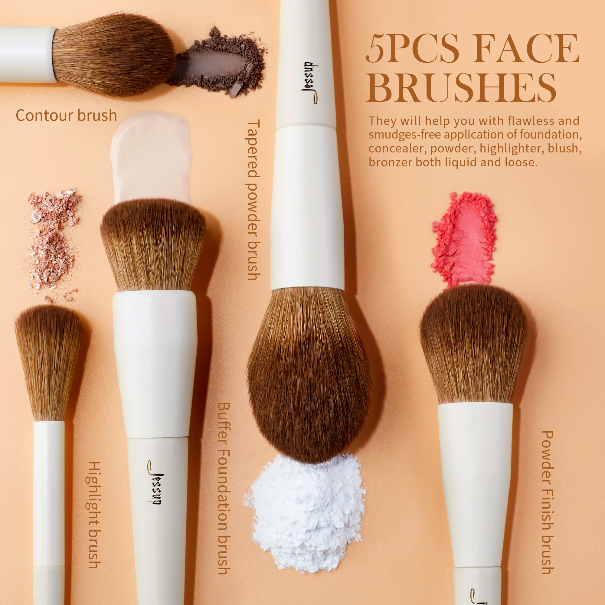 Jessup Face Brushes set 5Pcs Makeup Brushes Vegan Foundation Blush Bronzer Brush Contour Fluffy Setting Powder, Light Grey T493