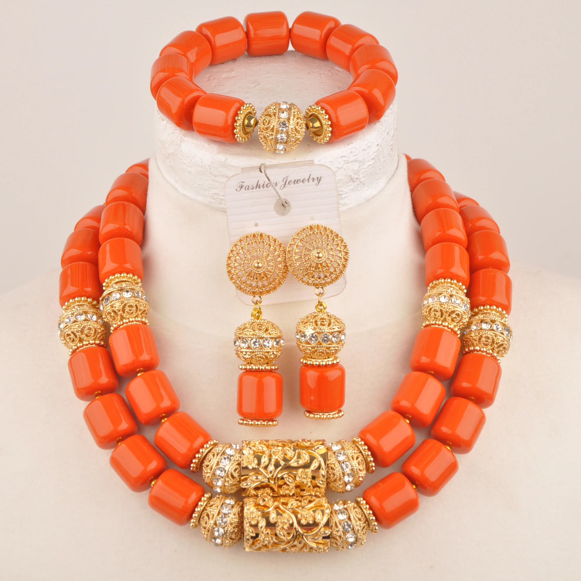 Nigerian Wedding African Necklace Orange Artificial Coral Beads Jewelry Set