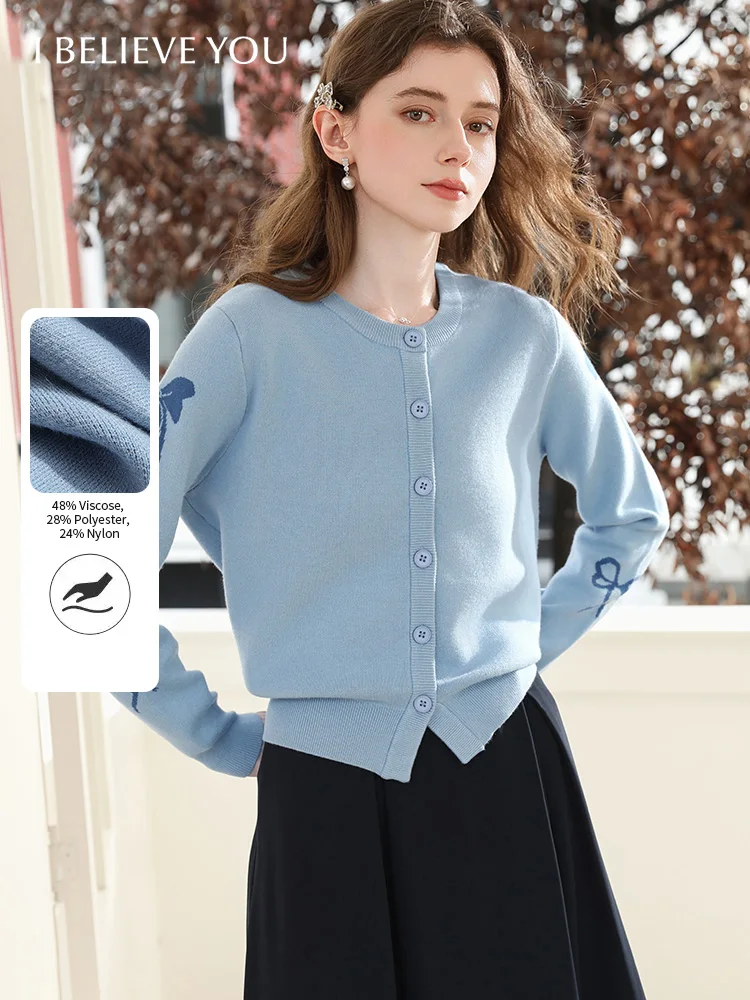 

Женский осенний кардиган I BELIEVE YOU, модный элегантный синий жаккардовый свитер с бантом и круглым вырезом, тонкий вязаный топ 2254146078