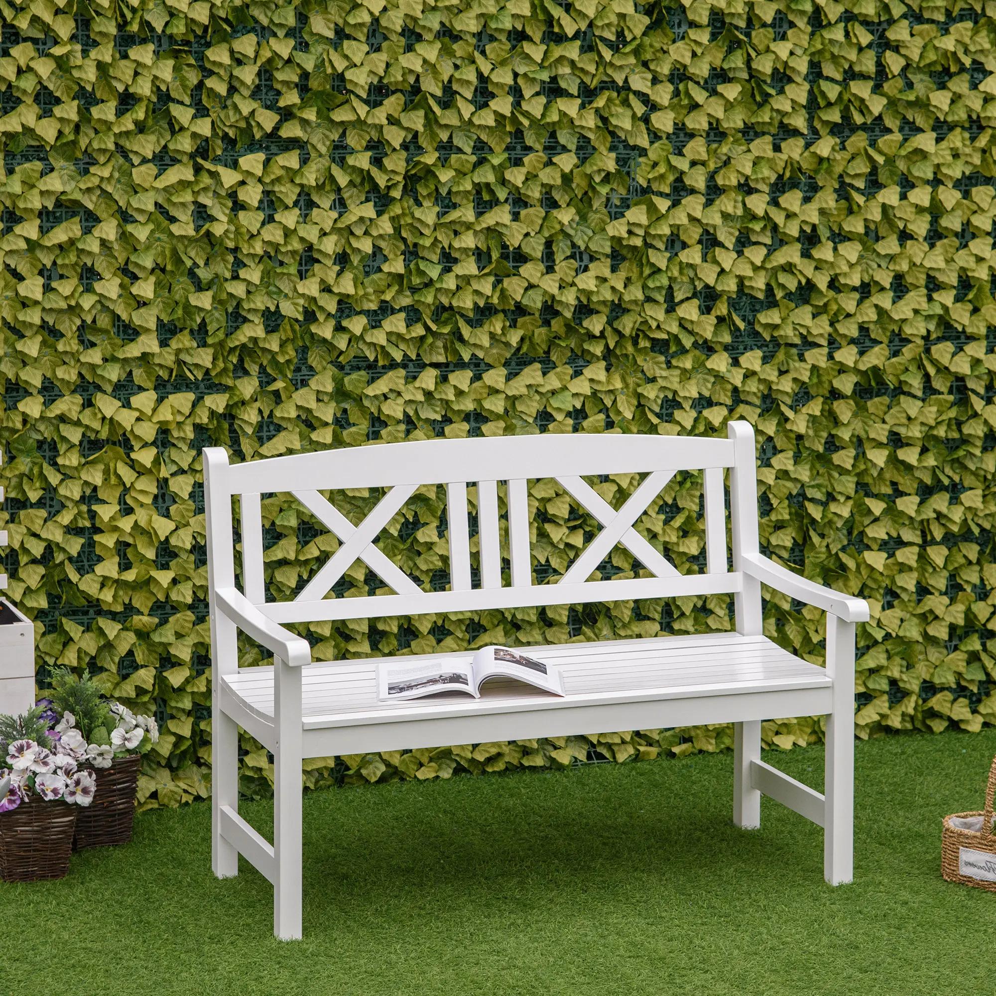 Banc d'extérieur rétro en bois, 2 places, blanc, jardin, terrasse, pelouse, 4'