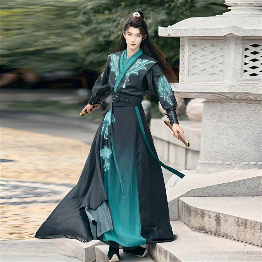 

Большой размер 2XL Hanfu мужской китайский традиционный принт Hanfu мужской Хэллоуин косплей костюм градиент белый и зеленый Hanfu 3 шт. наборы