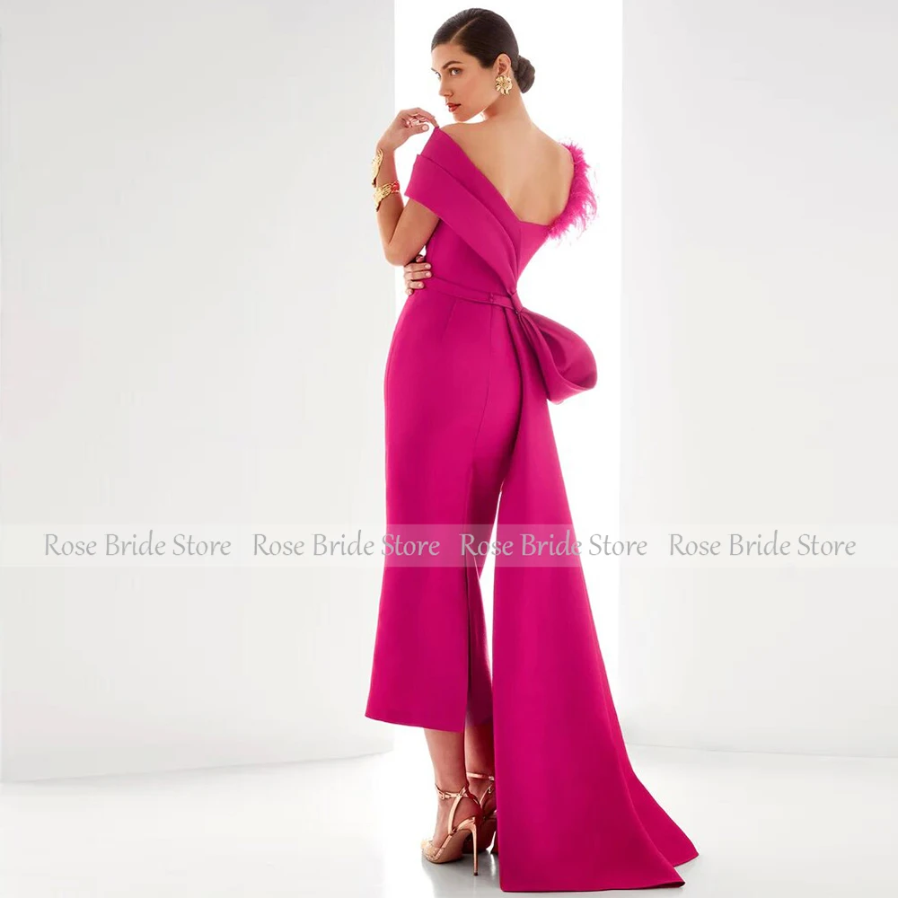 Modern Fuchsia Dress Party Satin Feather Pleat Draped Column One-shoulder Midi Dresses 2024 Bespoke Occasion Gown