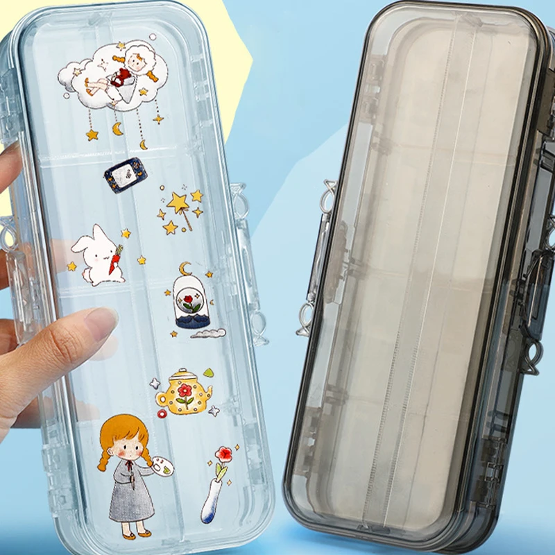 Kawaii Double Layer Transparent Pencil Case Multifunction Kids Pen Stationery Box Large Capacity School Office Storage Organizer