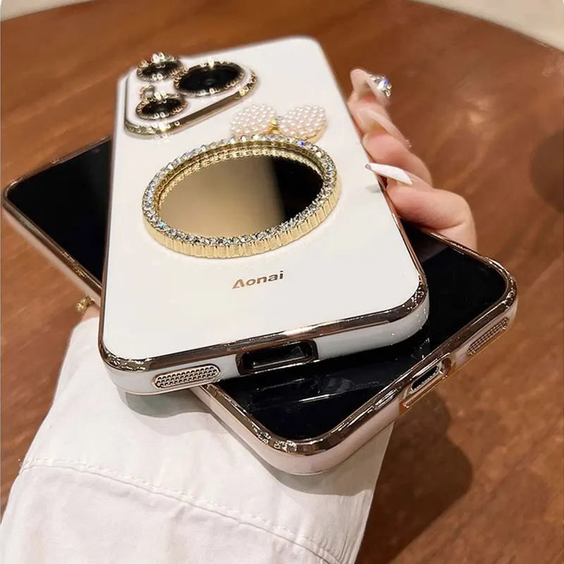 POCO X6 pro case with pearl Lanyard,Luxury Mirror Cover For Xiaomi poco X5 X4 M4 M6 X6 F6 pro Shockproof plating Case pocox6pro