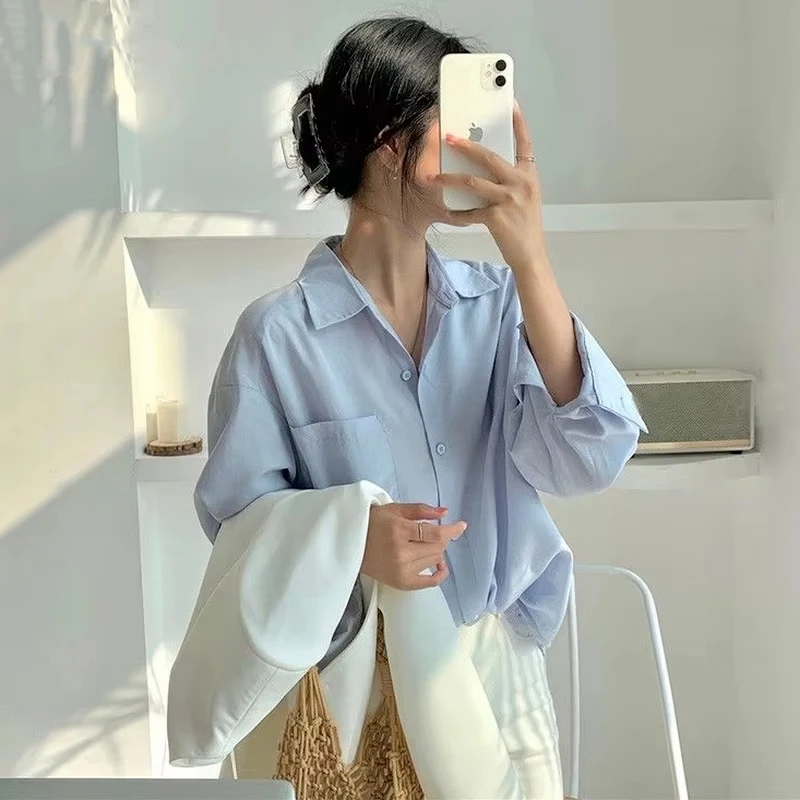 

Elegant White Shirts Women Harajuku Fashion Long Sleeve Pink Blouses Summer Office Ladies Korean Simple Pocket Casual Tops New