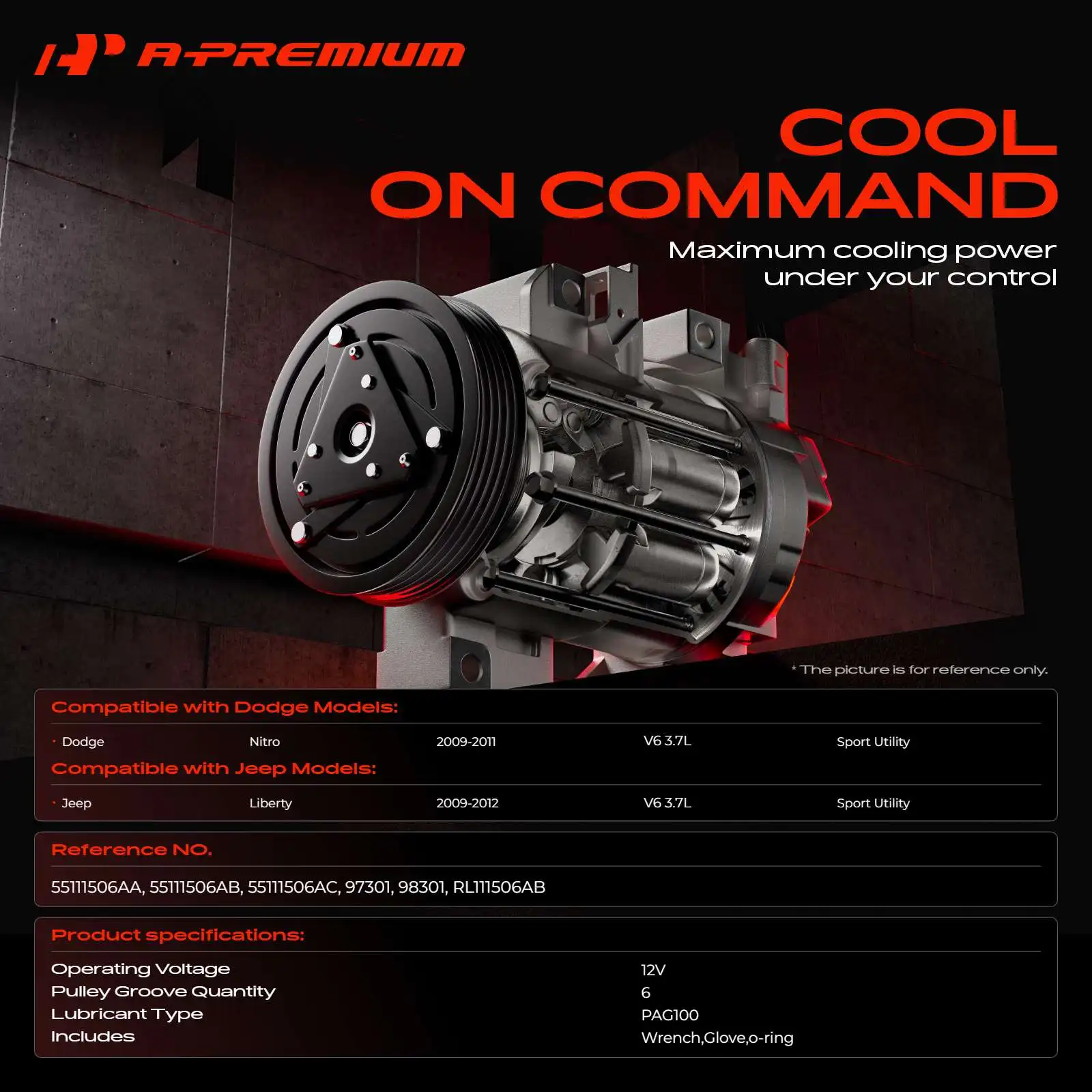 A-Premium AC Compressor with 6-Groove Pulley for Jeep Liberty 2009-2012 Dodge Nitro 2009-2011