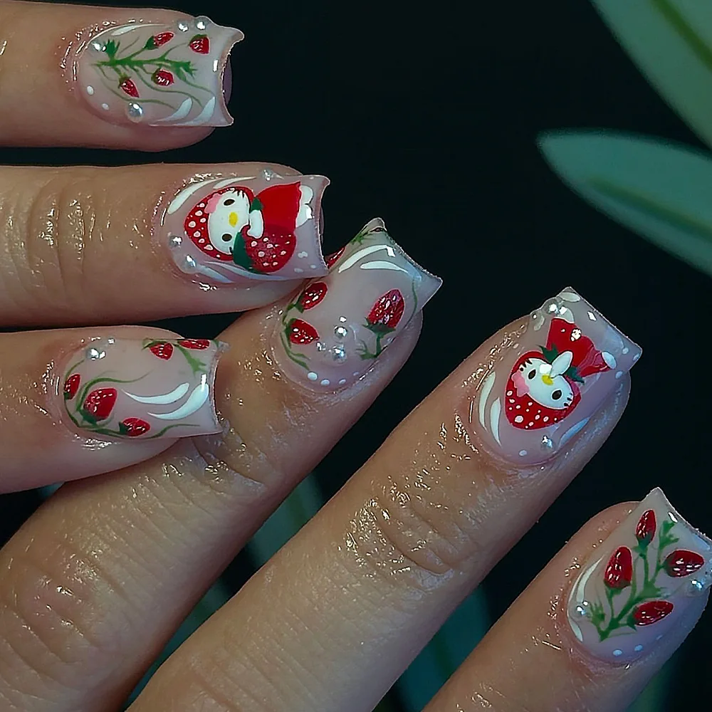 ملصقات فراولة كرتونية لطيفة خماسية الأبعاد - شخصية فتاة بأوراق خضراء |   للأظافر ومستحضرات التجميل والمجلات والهواتف #3