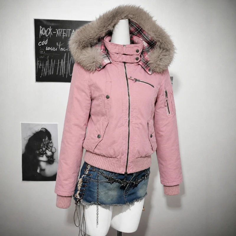 Winter Y2K Korean Fashion Ladies Faux Fur Parkas Coats American Vintage Cotton-padded Jacket Warm Daily Casual Outwear Outer Top