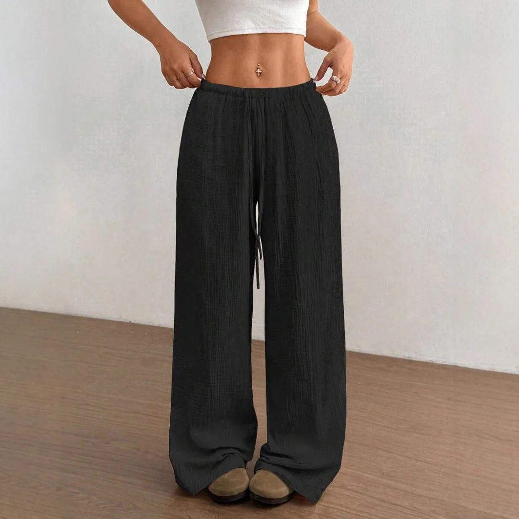 Women's Elegant Multi-Functional Stretch Waist Comfortable Casual Pants, Slightly Stretchy Simple Solid Textured Fabric High-Waist Wide-Leg Pants with Drawstring Waist and Slanted Pockets