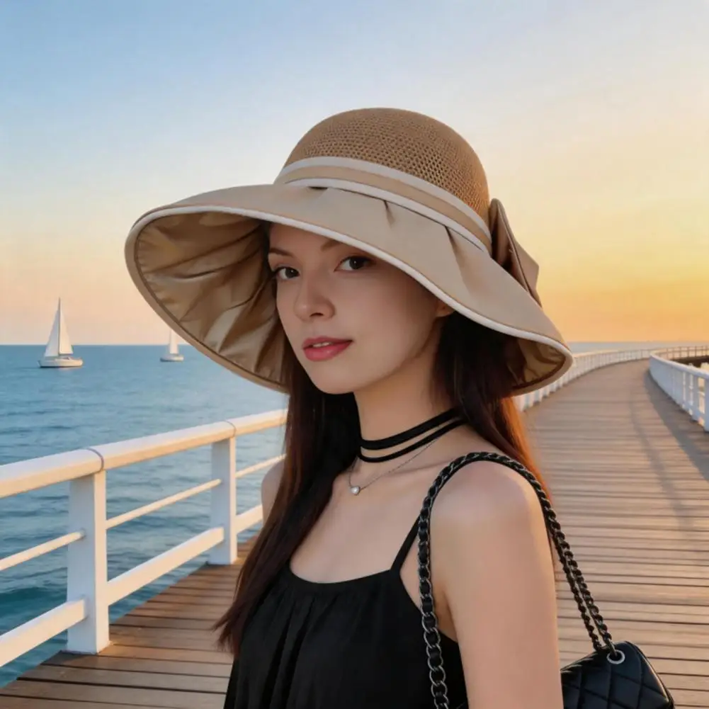 Women Hollow Knit Bucket Hat UV Protection Wide Brim Sun Hat Foldable Summer Beach Bucket Caps for Beach Commute Outdoor