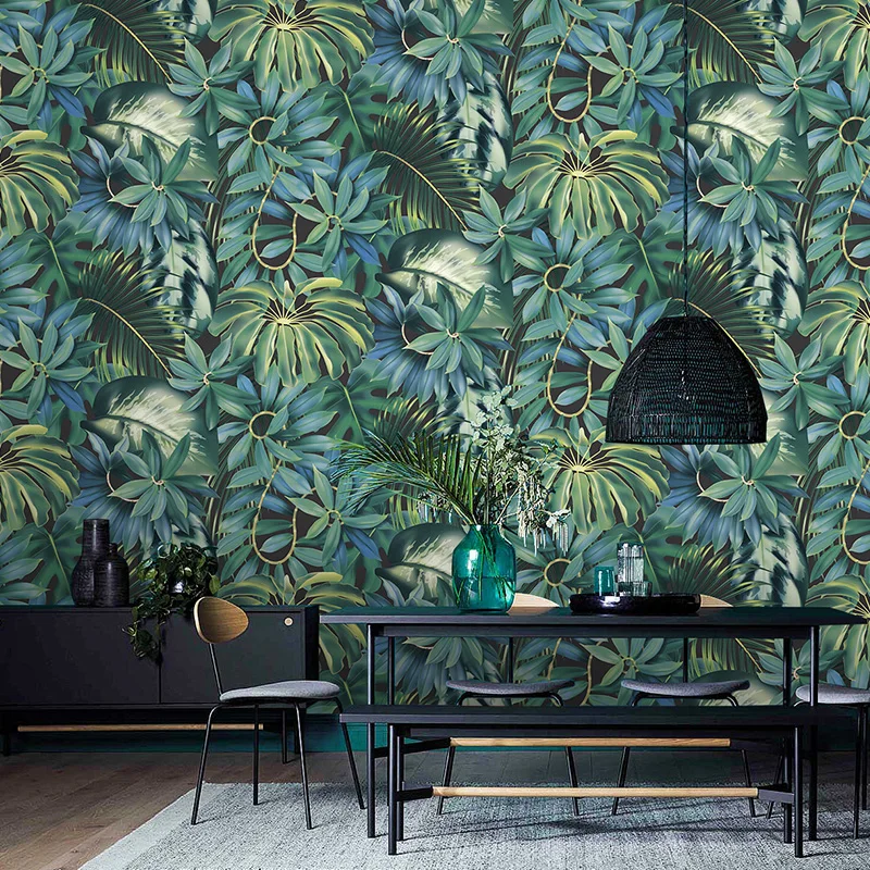 

Modern Green Plant Leaf Wallpapers Roll Home Decor Waterproof Vinyl PVC Tropical Rainforest Banana Leaves Wall Decoration