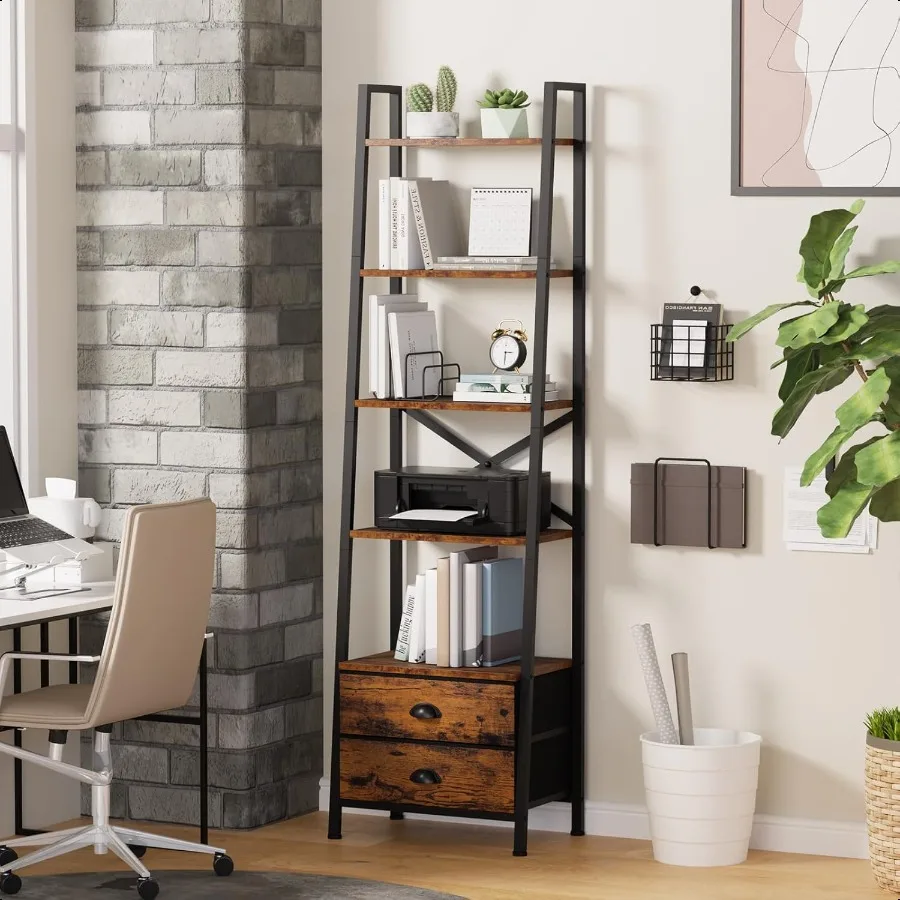 5Tier Ladder Shelf with 2 DrawersNarrow Bookshelf Storage Shees Industrial Bookcase Freestanding Rack Units for Bedroom Living