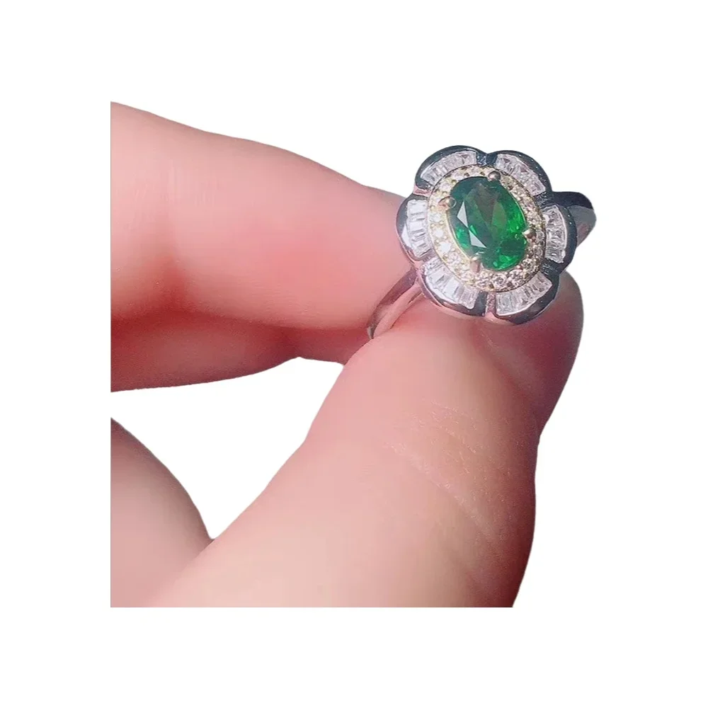 

KJJEAXCMY-925 Sterling Silver Inlaid Natural Diopside Ring, Female Gemstone, Fine Jewelry, Trendy Support Test, New