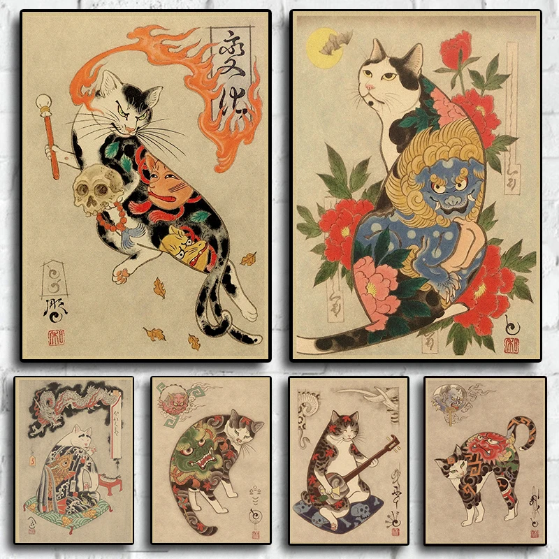 Japanese Tattoo Samurai Cat 80S Retro Series Art Wall Home Decor Picture for Cafe Room Living Canvas Painting Print Posters Gift