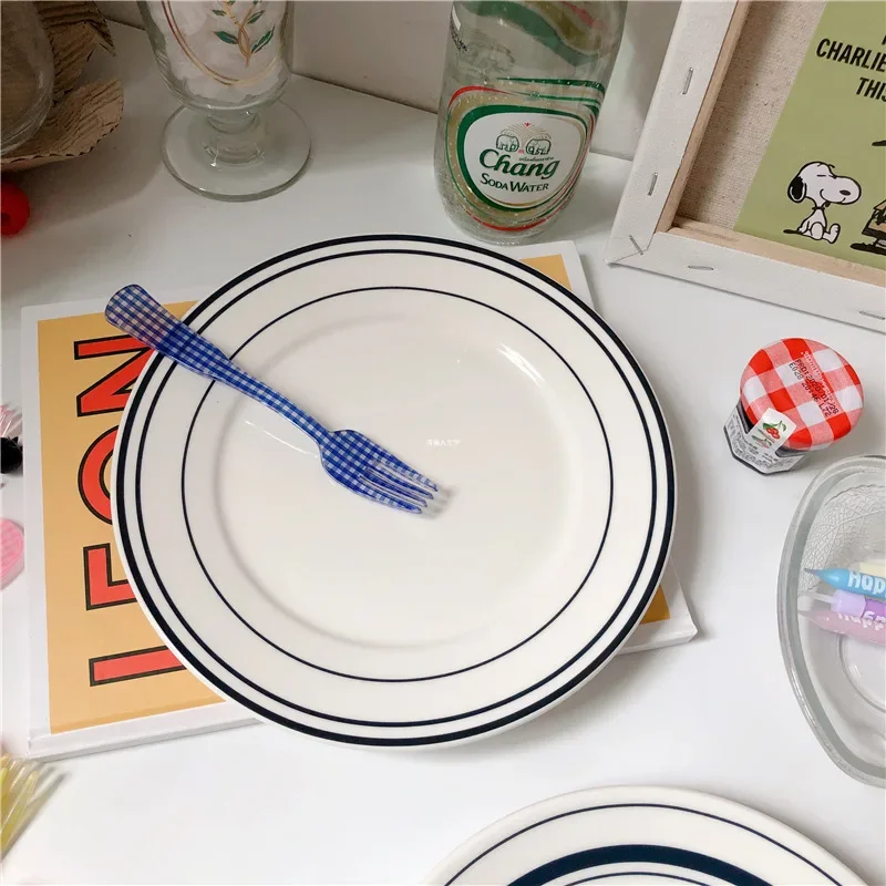 

Korean Blue Line Niche Coffee Shop Line Flat Ceramic Breakfast Plate Retro Simple Dessert Salad Plate Home Steak Pasta Dish