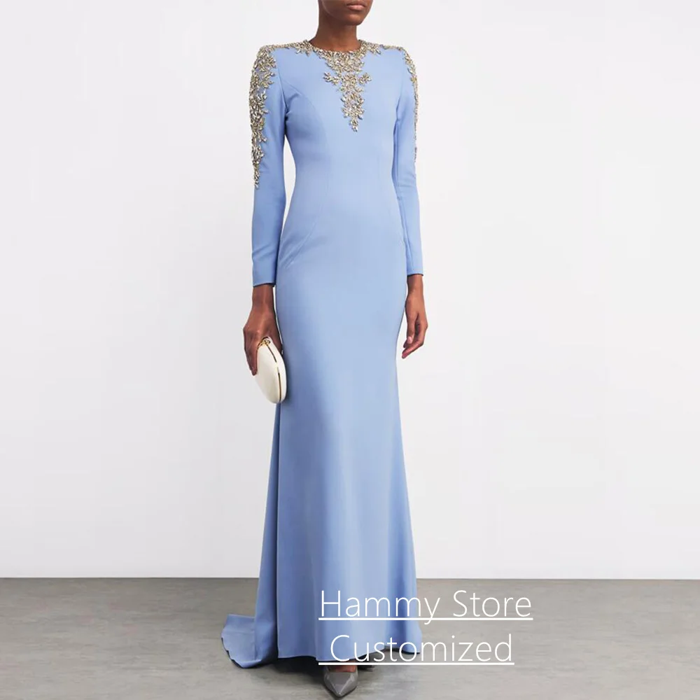 

Платье русалки для выпускного вечера по индивидуальному заказу, элегантное женское арабское вечернее платье с круглым вырезом и длинными рукавами, со стразами и скользящим шлейфом