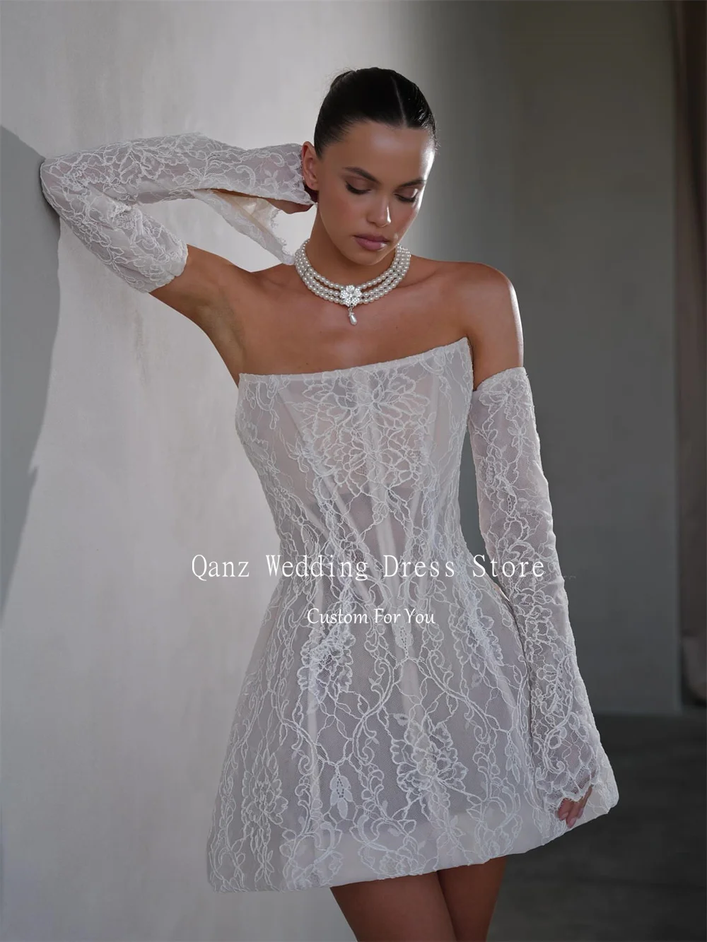 Qanz Transparent Mini Vestidos De Novia Strapless Detachable Sleeves Wedding Dress Full Lace Sexy Robe De Mariée Customized