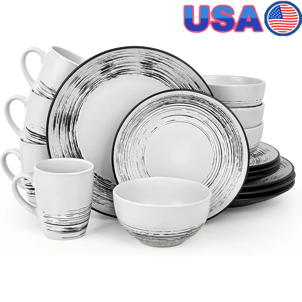 

16 Piece Elegant Dinnerware Set Ceramic Plates Bowls Dishwasher Microwave Safe Stackable Dishes 4 Dining