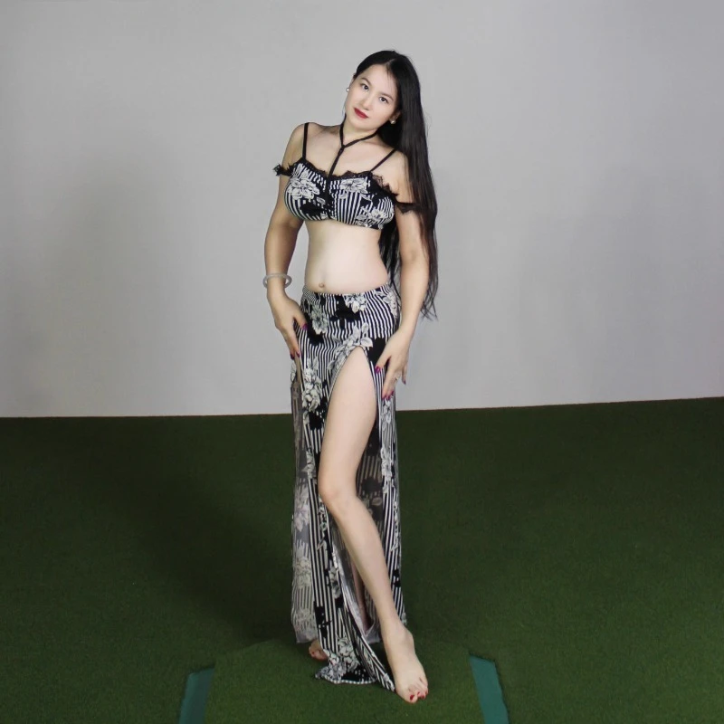 Customized Belly Dance Costumes Beginner Sexy Long Skirt Plus Size Performance Suit Striped Practice Suit Set Lace