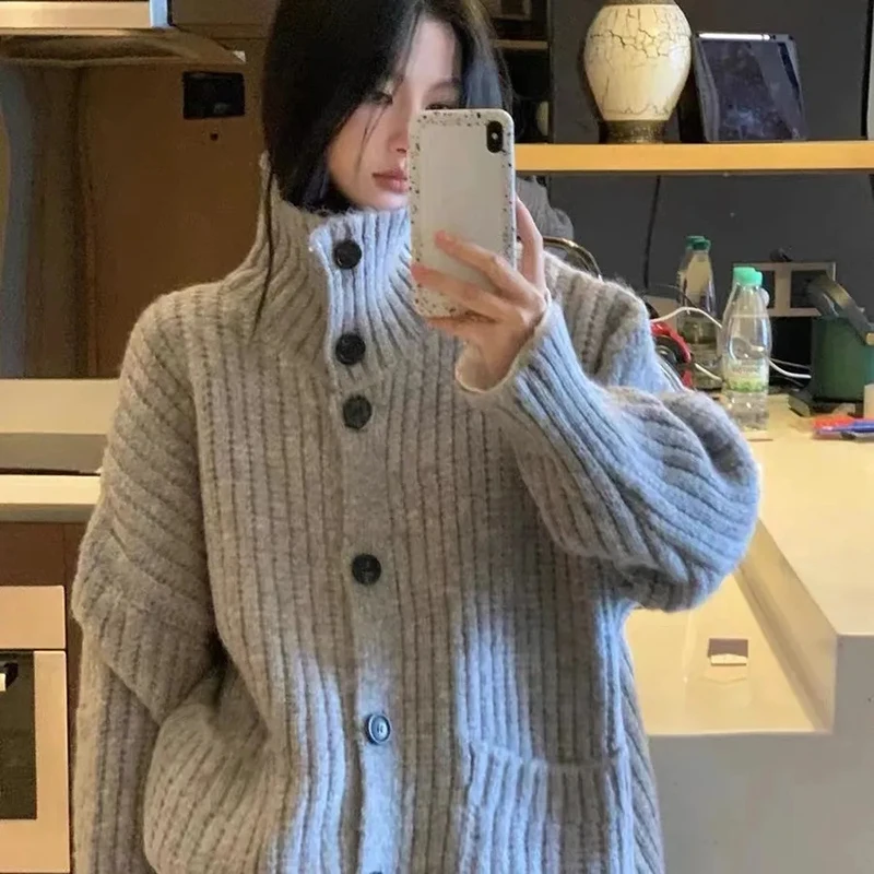 Loose Lazy Sweater Women Twist Fashion Knit Autumn Winter Warm Cardigan Harajuku Stand Collar Gray Vintage Female Jumpers