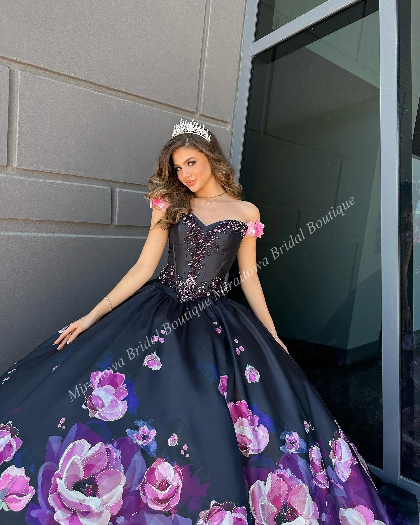 Black Pink Quinceanera Dress 2024 Print Floral 3D Flowers Charro Mexican Quince Sweet 15/16 Birthday Party Gown for 15th Girl