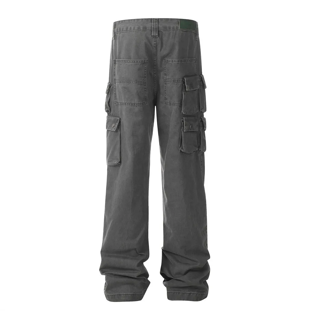 MWJLPWQ Functional Tactical Multi-Pocket Jeans For Men Punk Street Fashion Design Niche Loose Straight Workwear Pants 17531