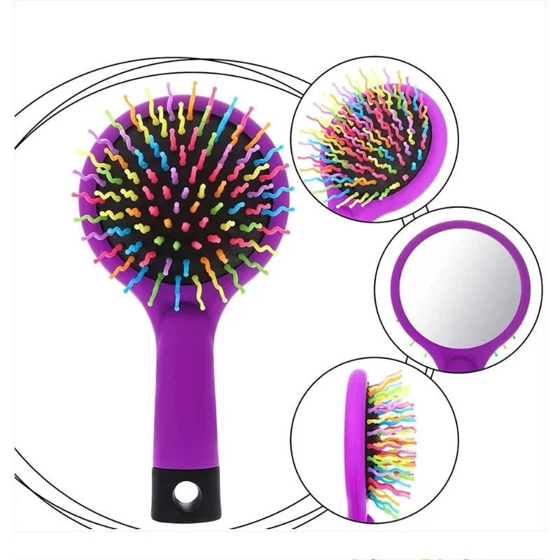 Rainbow Air Volume Paddle Hair Comb Brush with Makeup Mirror Detangler Hair Curl Straight Massage Comb Brush Hair Styling Tool