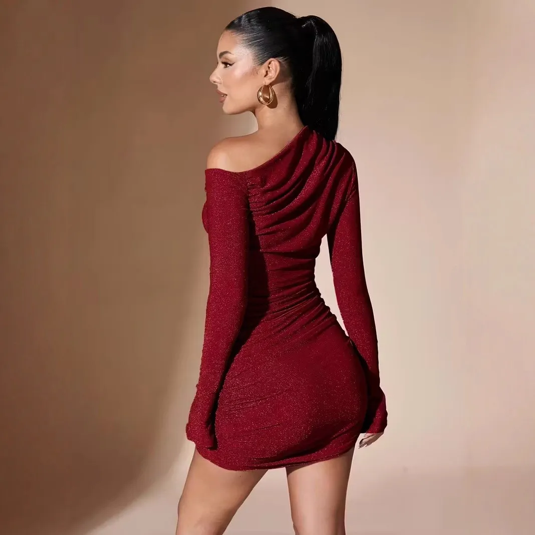 Elegant Prom Dress Red Off Shoulder Glitter Dresses Asymmetrical Neck Long Sleeve Evening Dress Ruched Form Fitting Party Dress