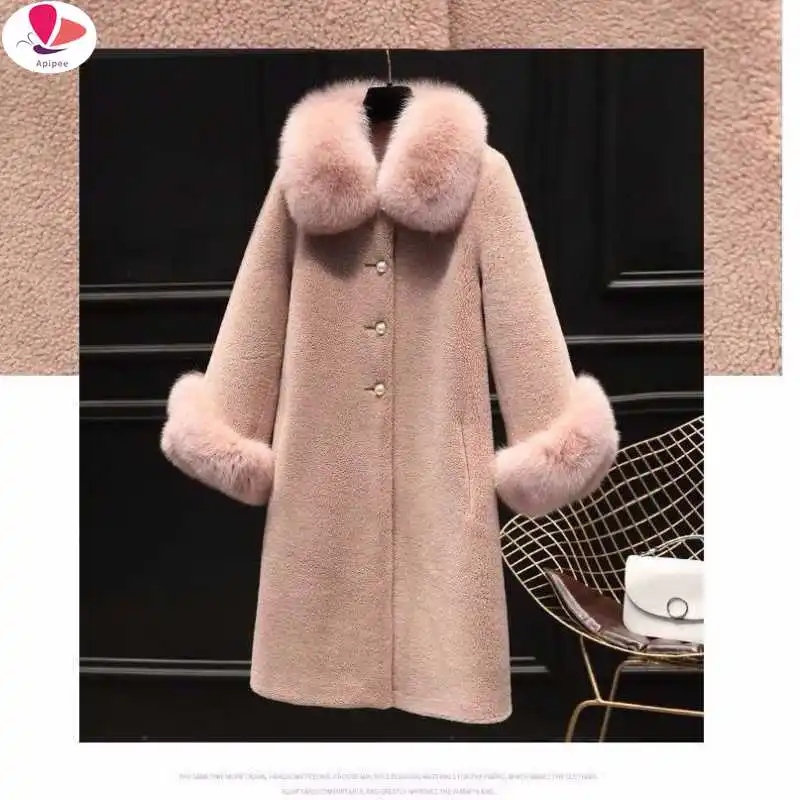 Chaqueta de cuello de piel de zorro falso para mujer, abrigos de piel de lana Real, abrigo largo y cálido de oveja, Otoño e Invierno