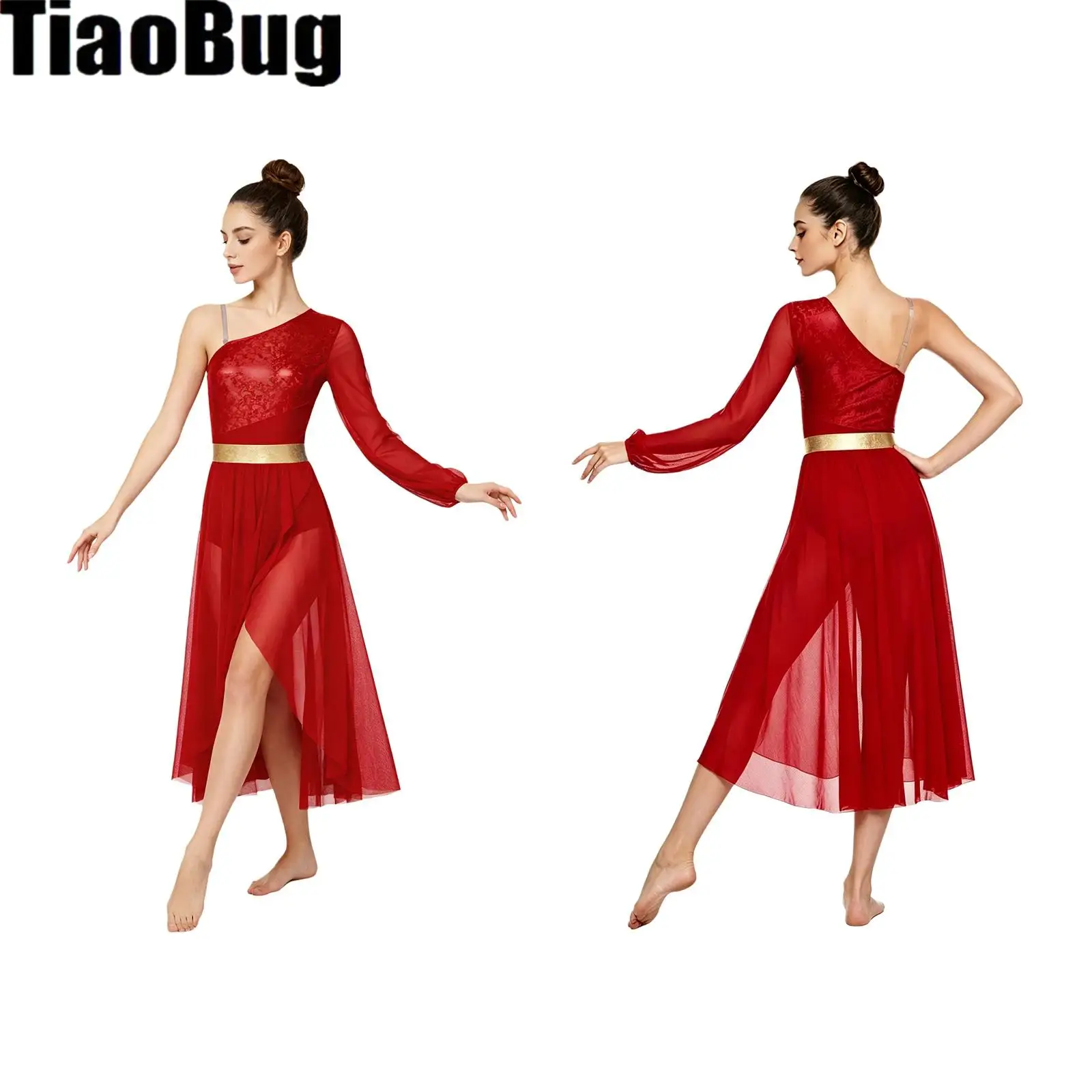 

Womens Lyrical Dance Dress One Shoulder Long Sleeve Metallic Shiny Bodice Irregular Mesh Hem Built-in Briefs Dress