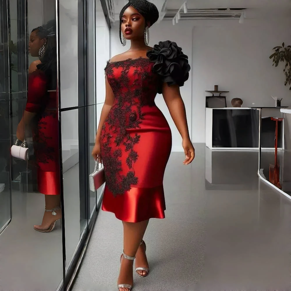 Klassisches, knielanges Ballkleid, rotes und schwarzes Etuikleid, Spitze, Satin, besondere Anlässe, Rüschen, Geburtstagsparty-Kleid, individuell gestaltet