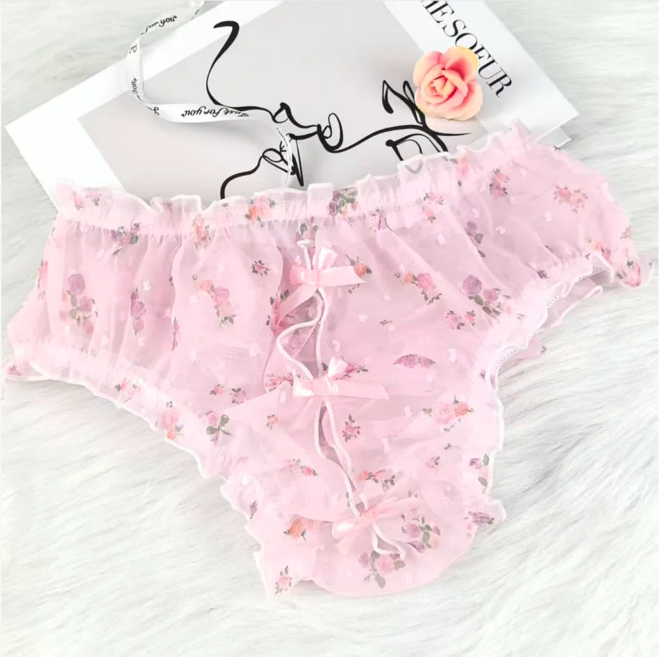 Cute Sweety Chiffon Man's Briefs Japanese Style Cross-dressing Panties Princess Lolita Flower Print Ruffles Soft Underwear view 6