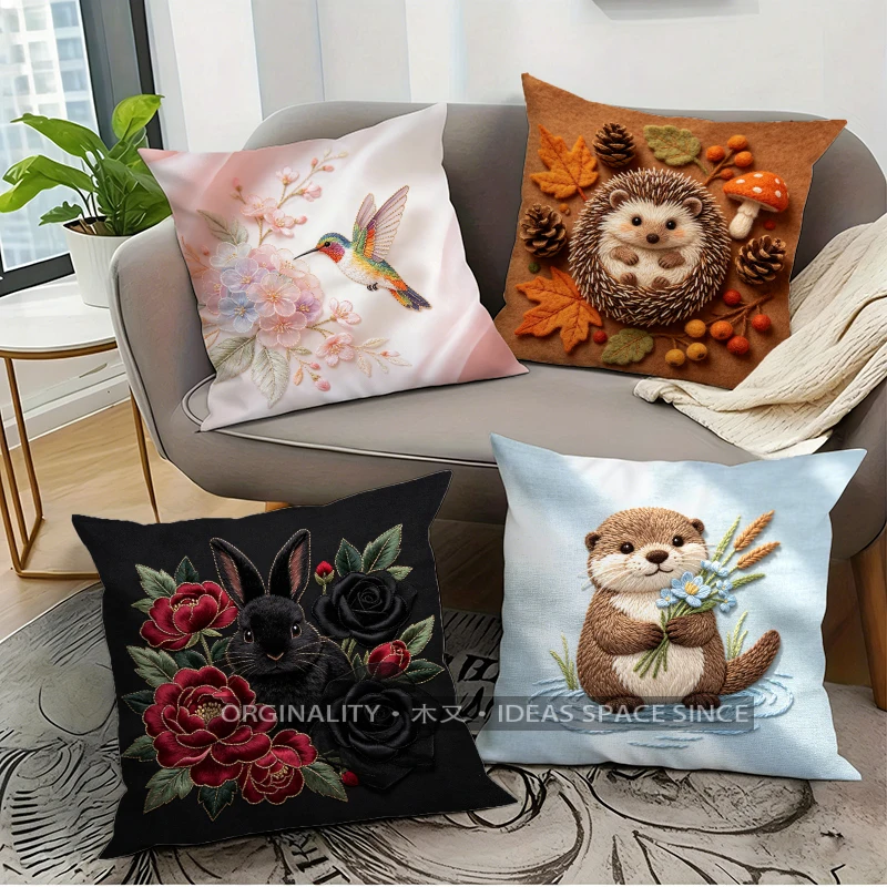 2D Cute Animal Floral Pillow Covers Pattern Cushion Cover Suitable for Sofa Bedroom Car Pillow Cover