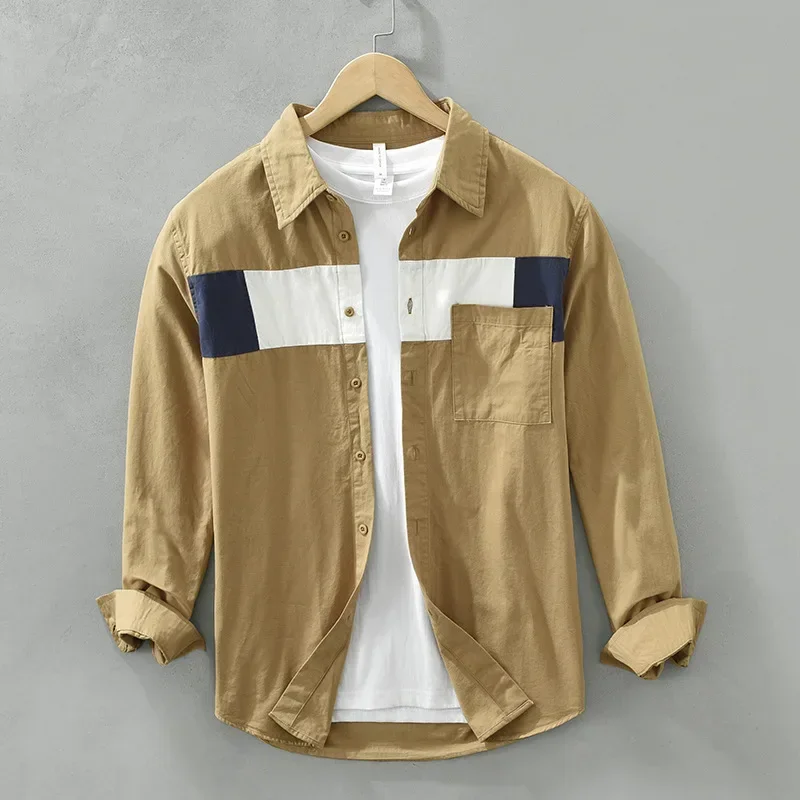 

Korean Fashion Men Khaki Shirt Long Sleeve Casual 100% Cotton Men Shirts Spring Street Style Youth Tops Patchwork Designer Shirt