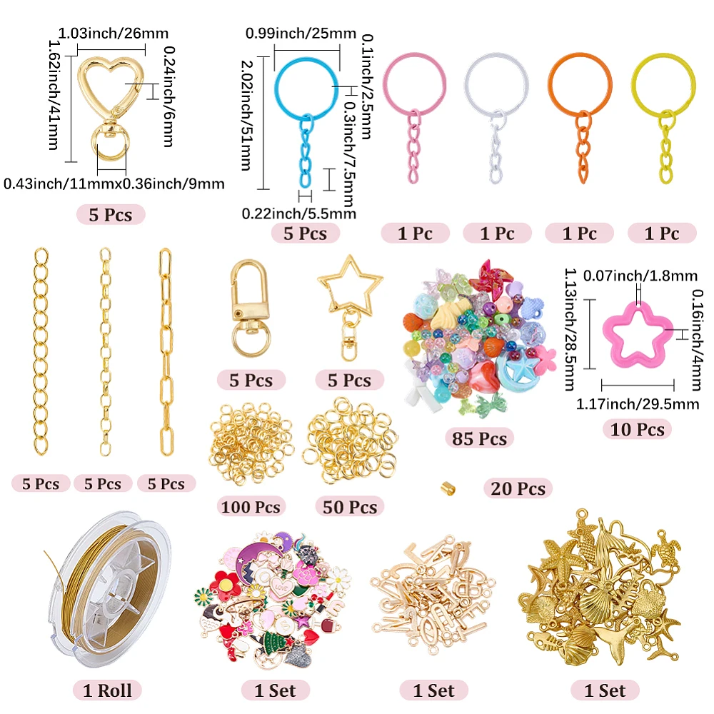 406Pcs Keychain Extender Kit with 10M Wire Letter Flower Ocean Sea Charms Acrylic Colorful Bow Round Beads Extender Chain