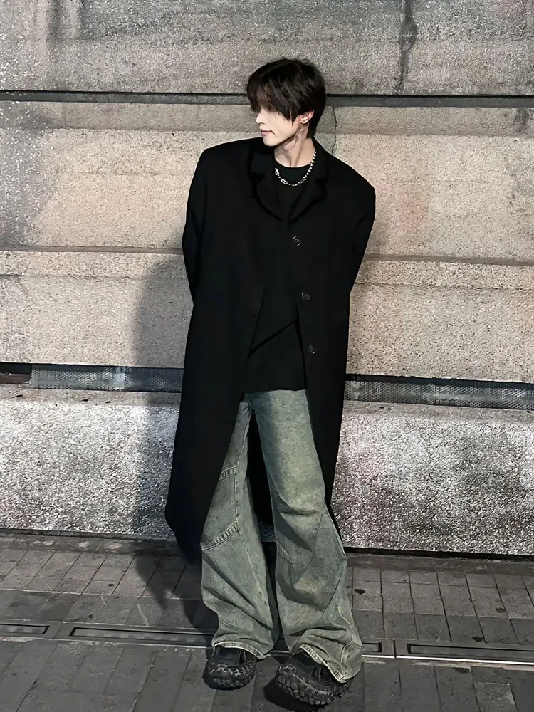 

Cleanfit Men's Woolen Coat Korean Sle Mid-Length Autumn Winter Faionable Single-Breasted Button Pure Color Polyester Fiber