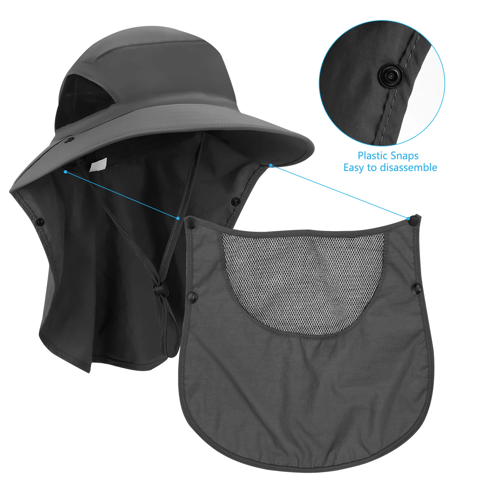 

Hats for Men UV Protection Bucket Sun Fishing Neck Flap Grey Beach Woman