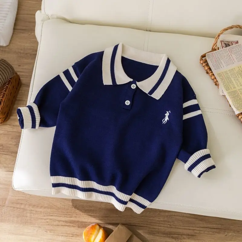الأطفال التلبيب الفتيان قميص بولو الطفل المتوسطة وكبار السن محبوك سترة أواخر الخريف الشتاء سترة مطرزة بأكمام طويلة