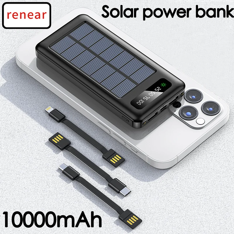 Solar Power Bank 10000mAh Fast Charge Powerbank Comes with 3charging cables External Battery PowerBank for iPhone Samsung Xiaomi