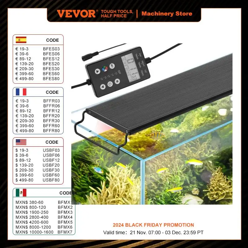 VEVOR Aquarium Light with LCD Monitor, 18W Full Spectrum Fish Tank Light with 24/7 Natural Mode, Adjustable Brightness