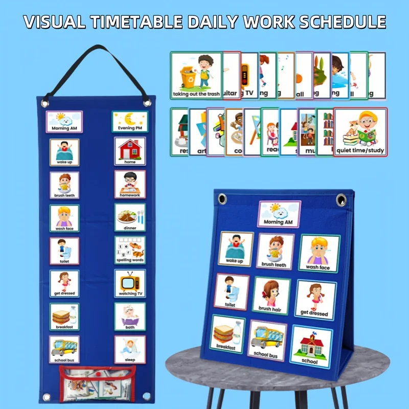 visual-timetable-for-kids-daily-routine-chart-autism-visual-schedule-hanging-pocket-chart-with-cards-home-school-supplies