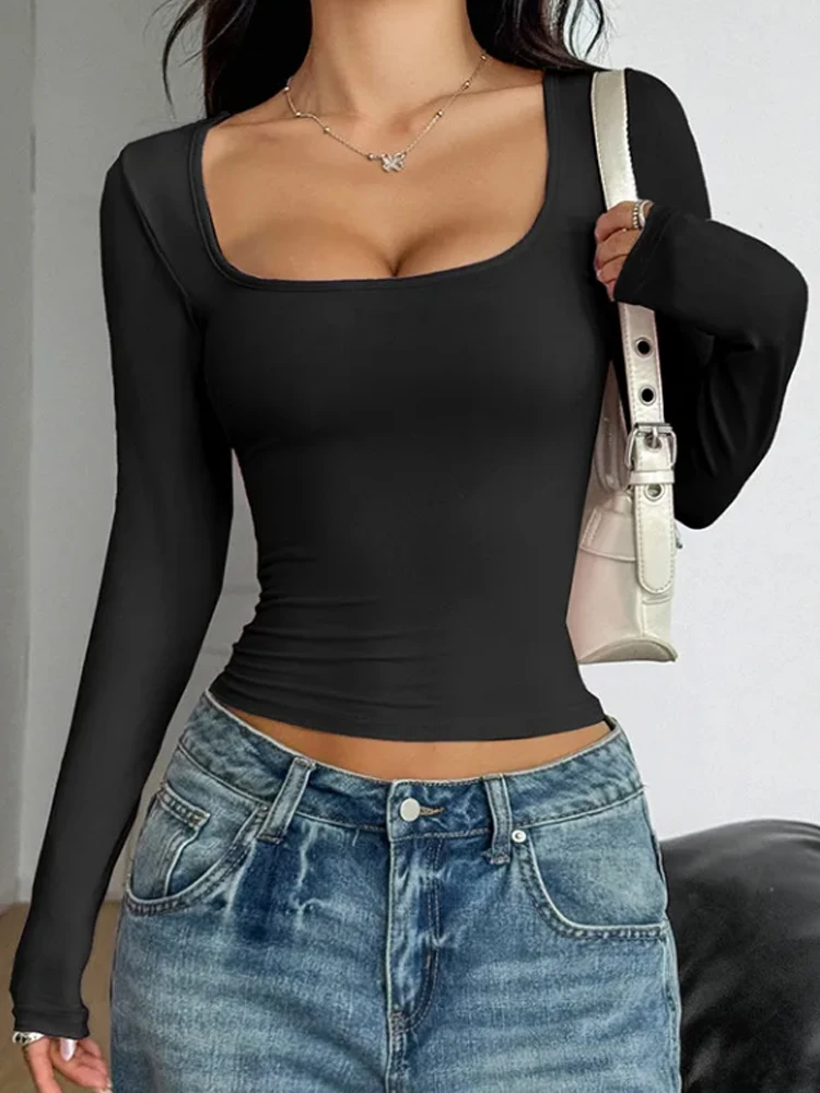 Ropa básica ajustada con cuello cuadrado para mujer, Tops informales lisos de manga larga, blusa multicolor de moda versátil, regalos