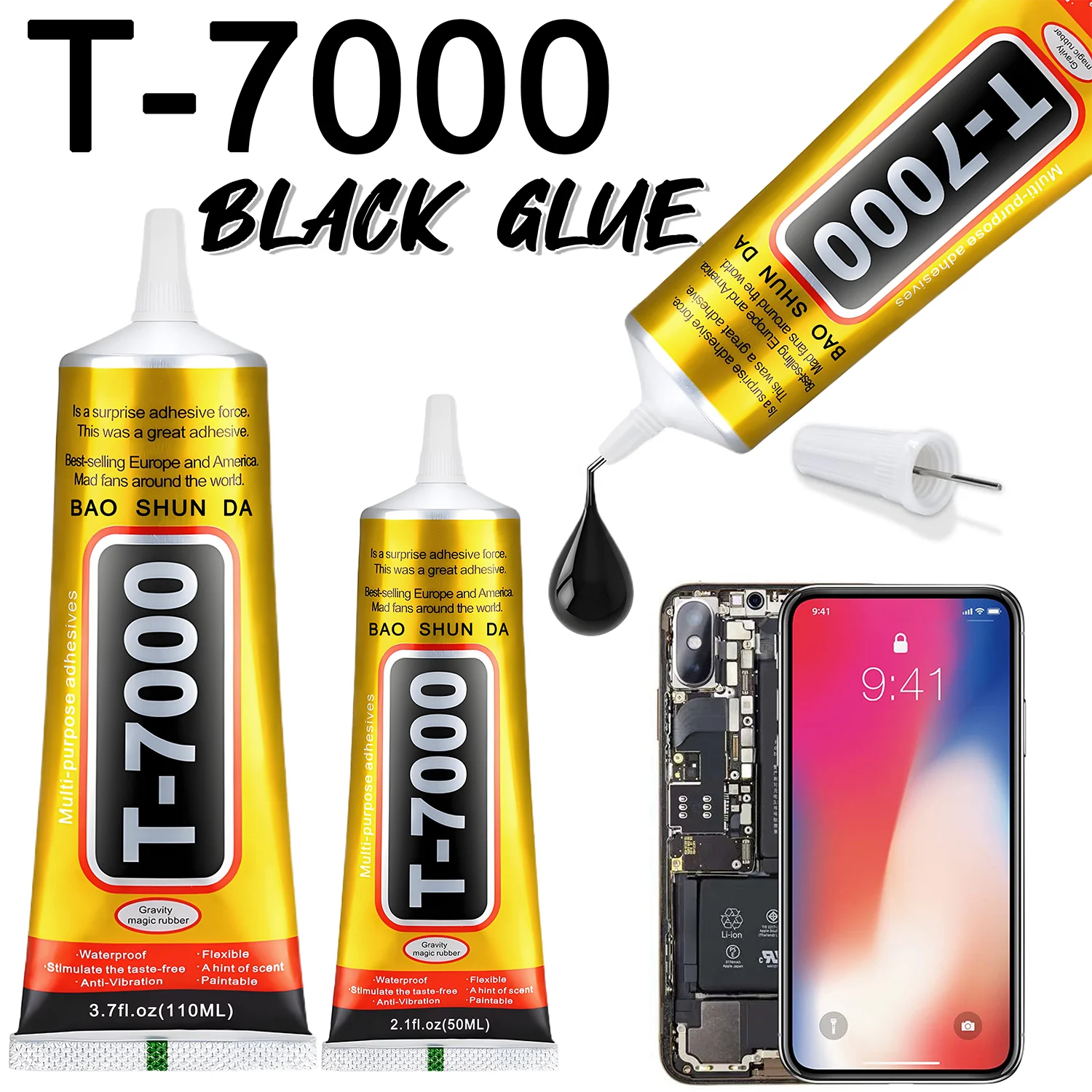 T7000 لاصق أسود ناعم T-7000 إطار إصلاح شاشة اللمس للكمبيوتر والهاتف المحمول لاصق عالمي مضاد للاهتزاز تصميم مقاوم للماء ومضاد للانسداد 15/50/110 مل.