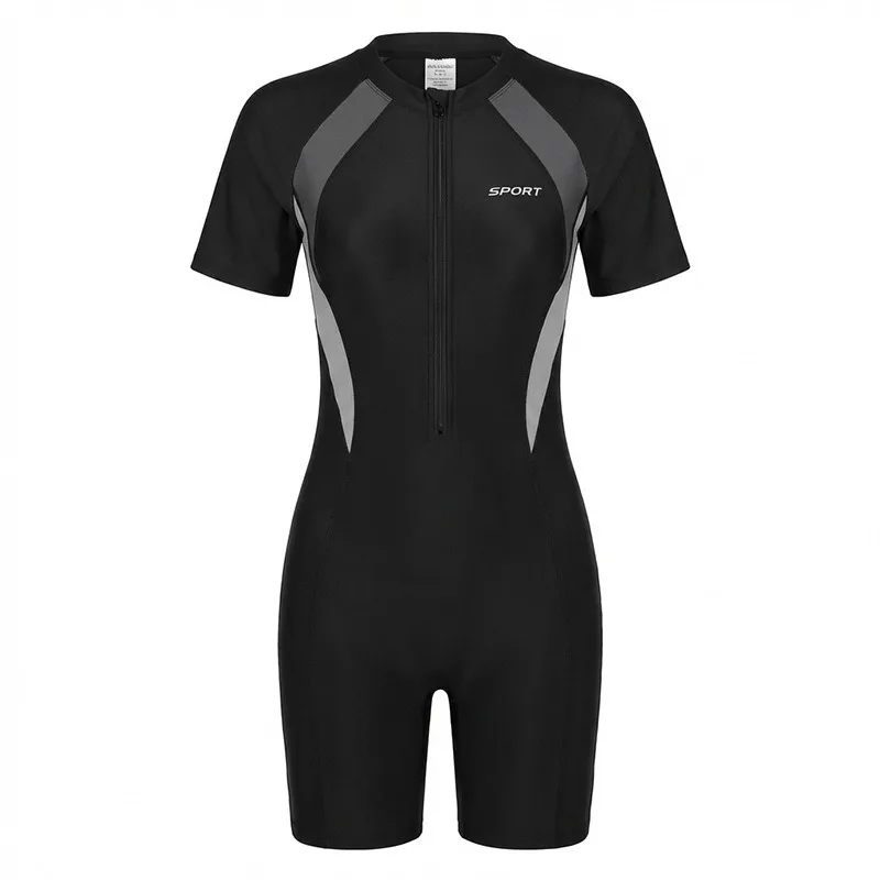 Women's Short Sleeve One-Piece Rash Guard Swimsuit Zip-Front Color Block Sport Bathing Suit for Surfing and Water Sports