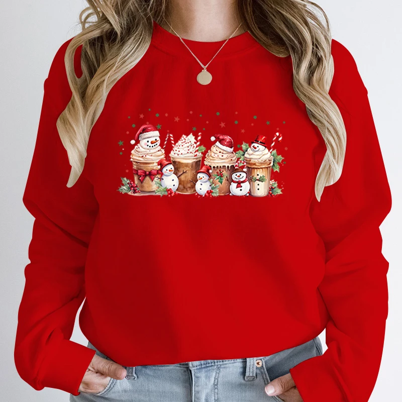 Christmas Coffee Snowman Print Pullovers Fashion Round Neck Tops Women Autumn Hoodless Sweatshirts Long-sleeved Casual Pullovers