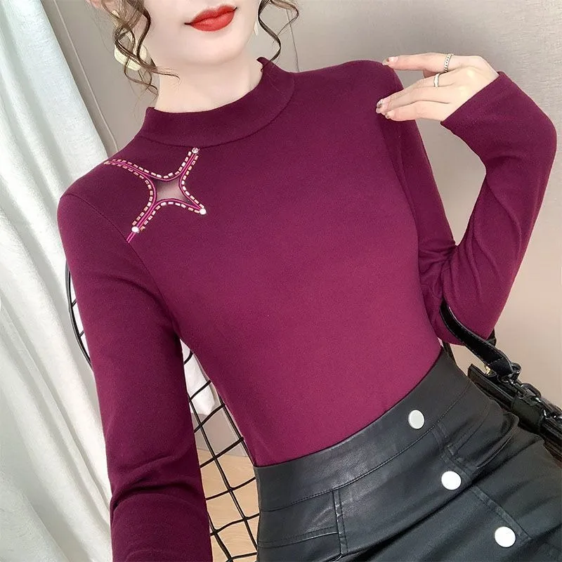 Warm Base Layer with Velvet Solid T-shirt for Autumn Winter Slim Fit Versatile Half-turtle Collar Western-style Top Small Shirt