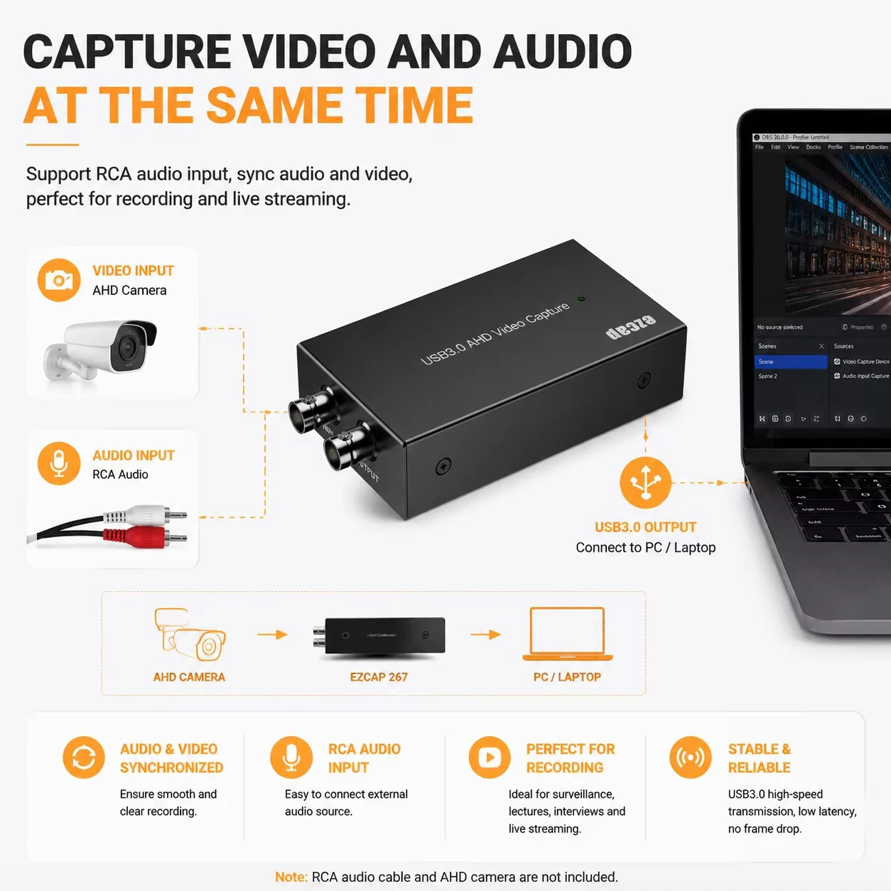 1080p60hz BNC AHD To USB 3.0 Video Capture Card UVC Video Grabber 3.5mm Audio Input for AHD CCTV Camera Recording Live Streaming