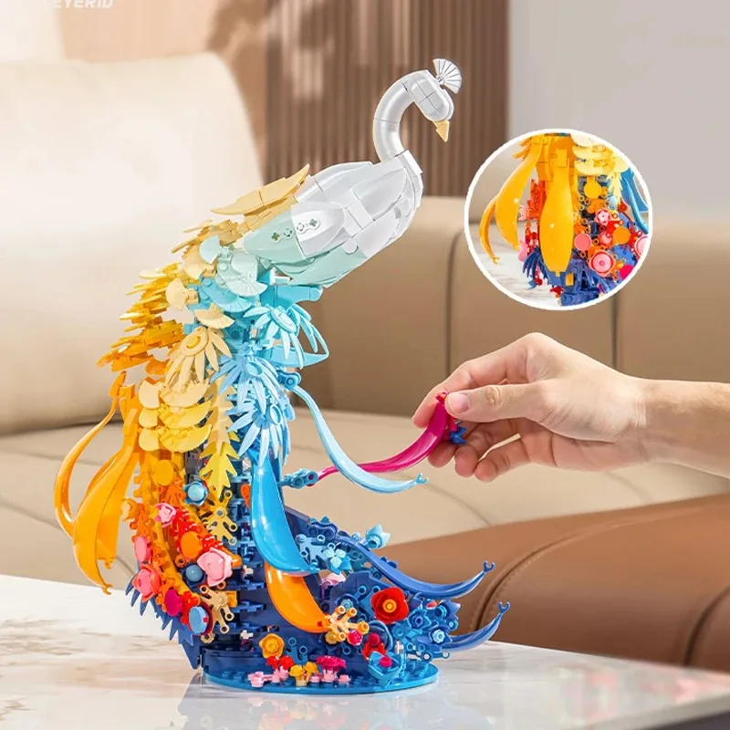 901PCS Various Flowers Feather Peacock Building Blocks With Light Creative Ornaments DIY Assembly Bricks For Girls Holiday Gifts - view 3