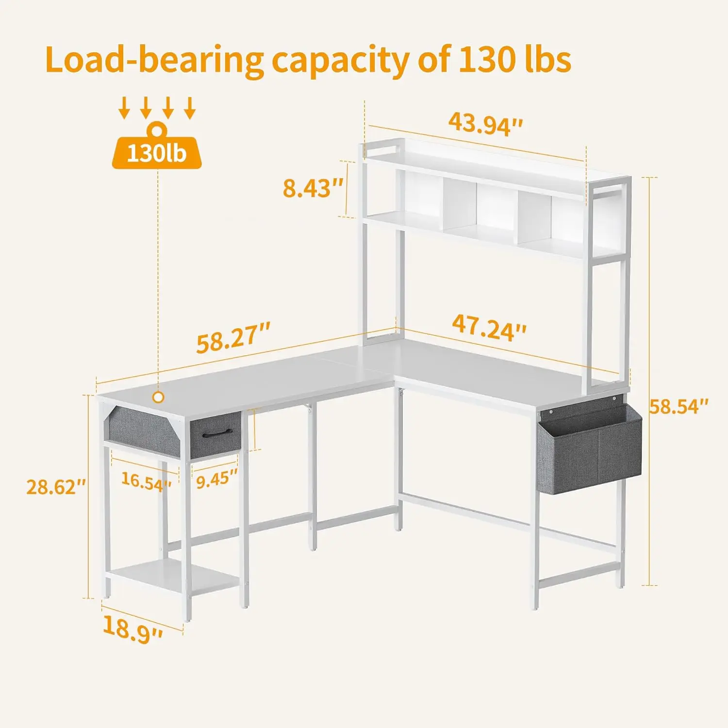 CubiCubi L Shaped Desk with Hutch, 58" Corner Computer Desk with Drawer,Home Office Gaming Table Workstation with Storage Booksh